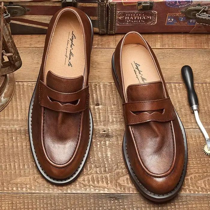 Mocassins britanniques en cuir pour hommes, chaussures de haricot en cuir cirhide, mocassins faits à