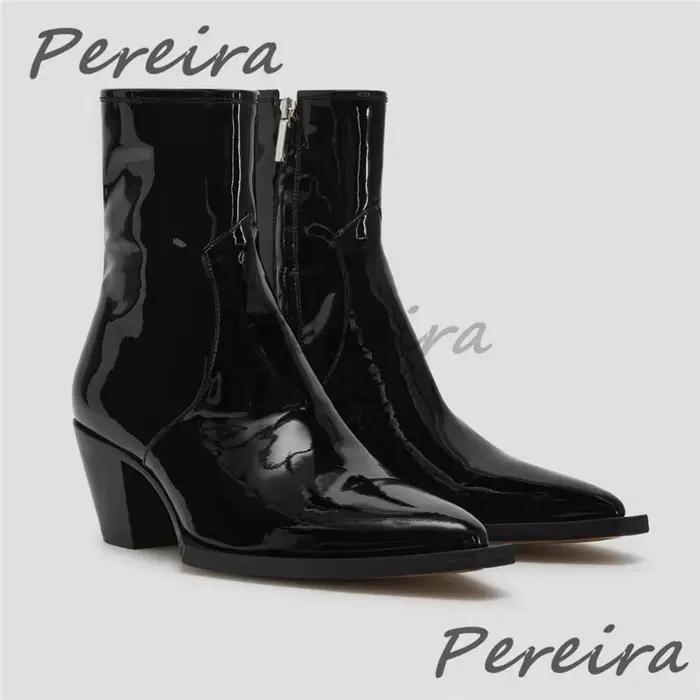 Bottes Chelsea en cuir verni noir pour hommes, chaussures courtes à bout pointu en cuir de vache ave