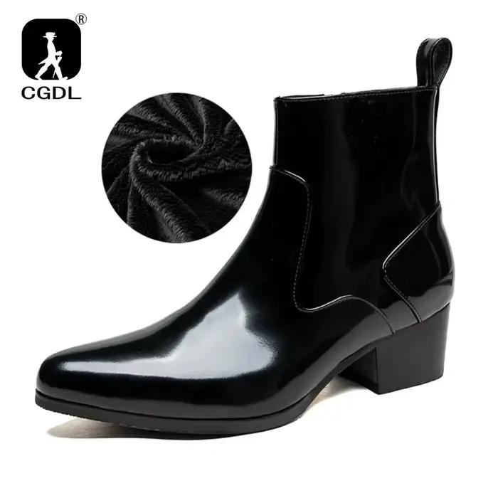 Bottes à plateforme en cuir verni pour hommes avec talons, chaussures chaudes d'hiver de luxe en cui