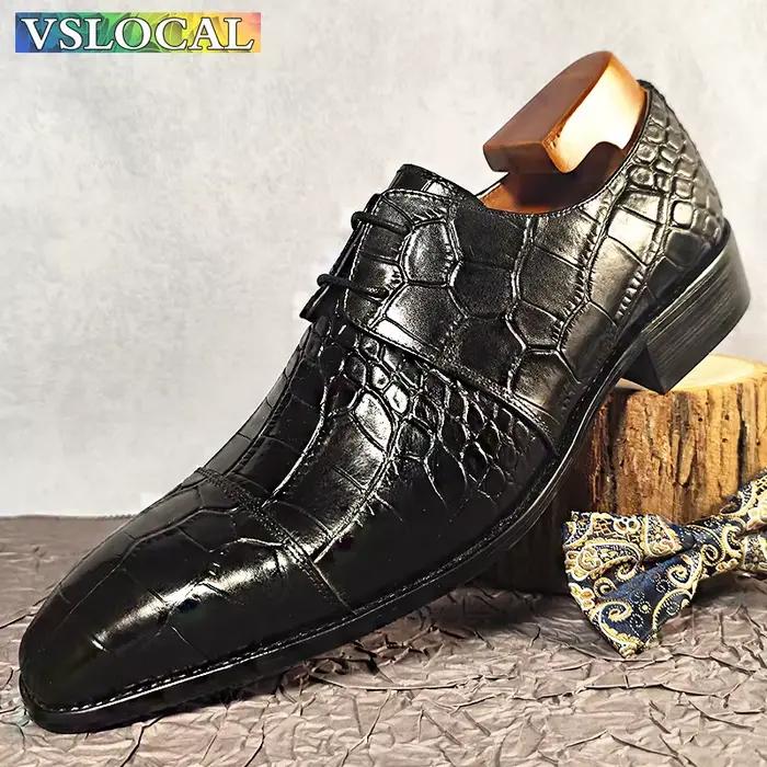 Hommes italiens chaussures en cuir véritable noir bleu Crocodile imprime à lacets décontracté hommes