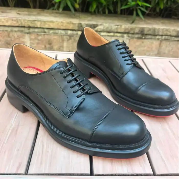 Chaussures en cuir noir à semelle rouge pour hommes, bout rond, à lacets, style business, plates, ta