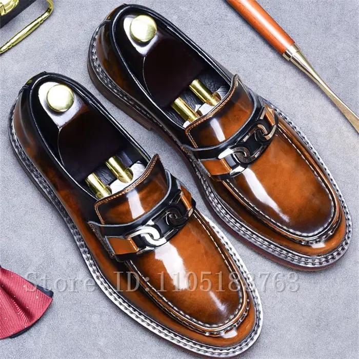 Mocassins pour hommes à bout rond et semelle épaisse, style britannique, en cuir véritable de vachet