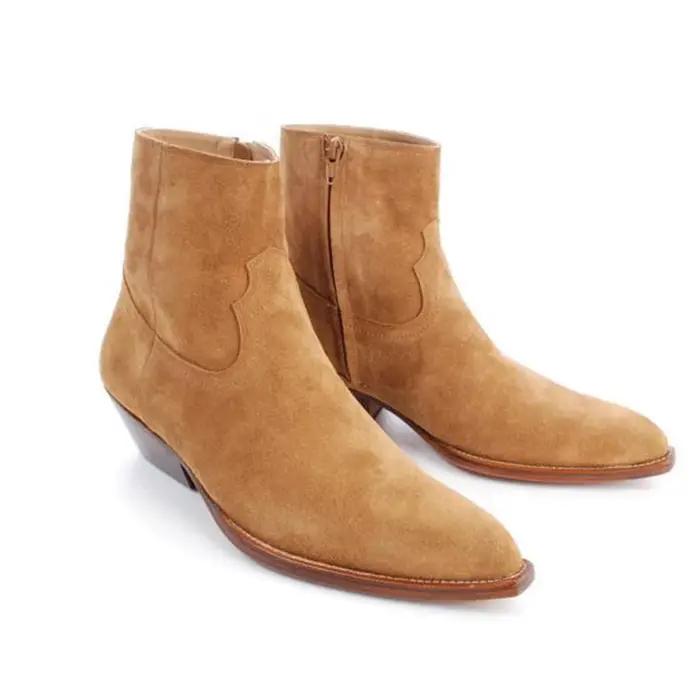 Bottes Chelsea pour hommes en nubuck et daim, à bout pointu et talon carré, couleur unie, en cuir vé