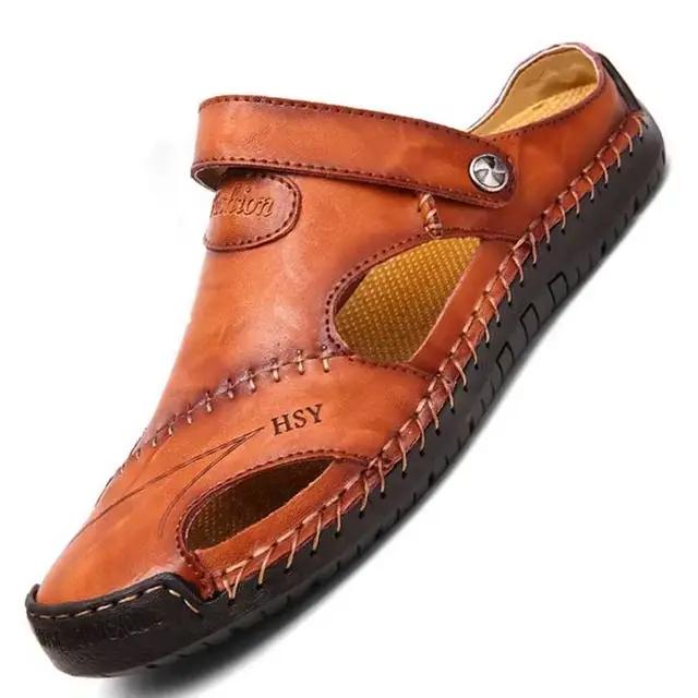 Pantoufles de plage en cuir pour hommes, sandales d'été, diapositives respirantes, extérieur, plate-