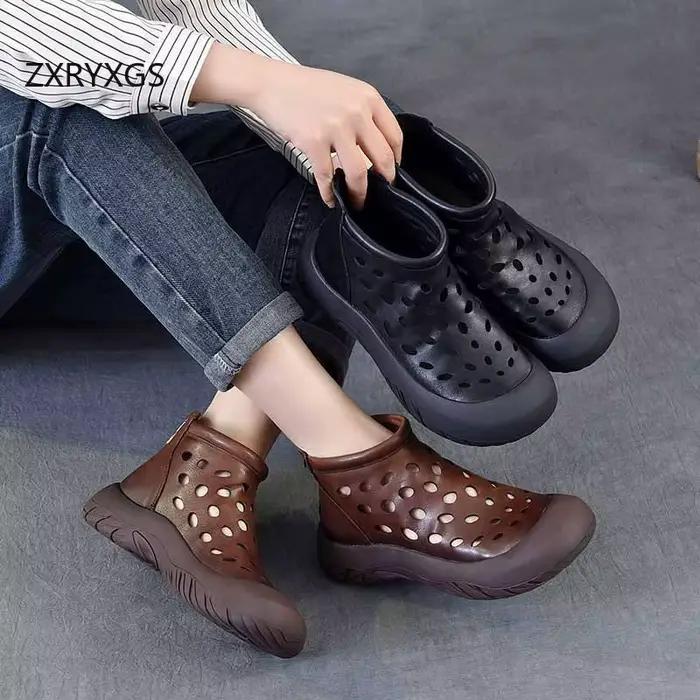 ZXRYXGS Premium bottes creuses en cuir véritable sandales respirantes 2025 Style rétro bottes d'été 