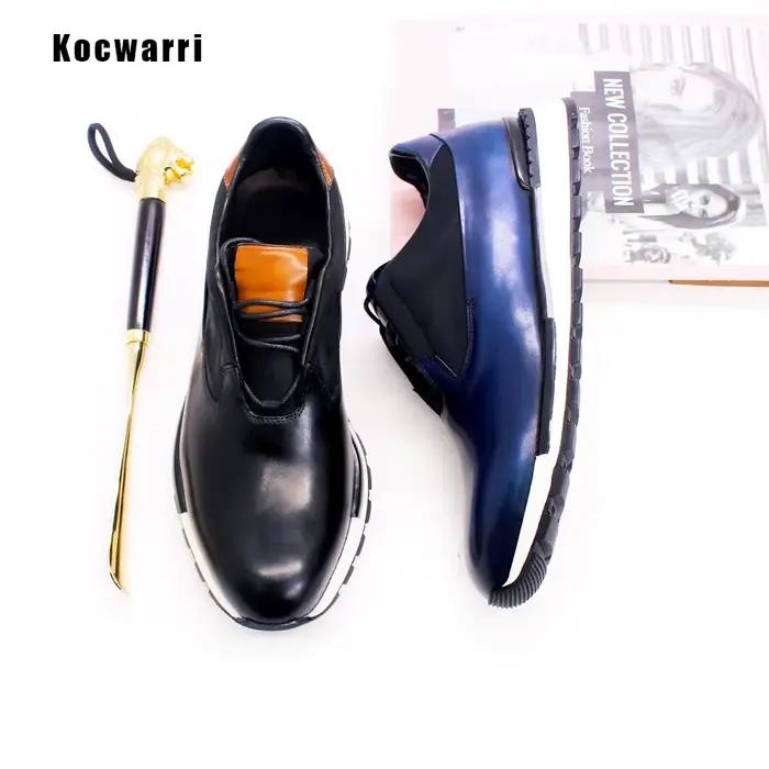 Chaussures en cuir véritable faites à la main pour hommes, baskets confortables, lisses, décontracté