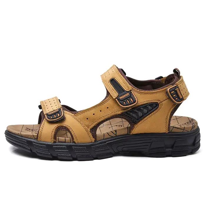 Sandales à bout ouvert à semelle épaisse pour hommes, chaussures de plage en cuir véritable, grande 