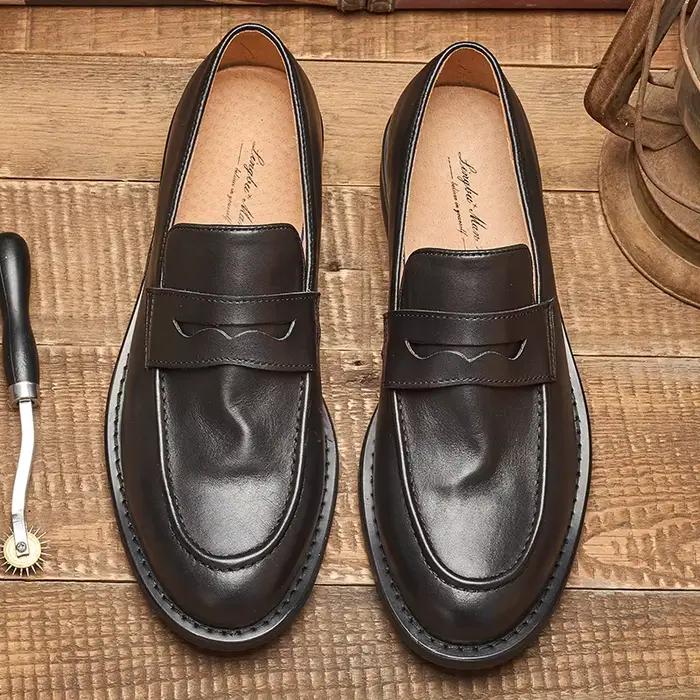 Mocassins britanniques en cuir pour hommes, chaussures de haricot en cuir cirhide, mocassins faits à