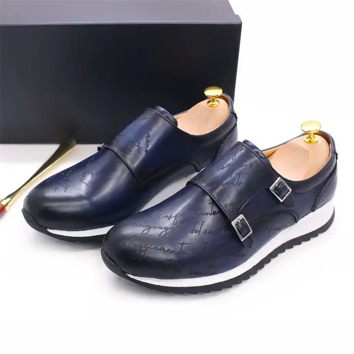 Chaussures en cuir classiques à double boutonnage pour hommes, chaussures rondes Parker, chaussures 