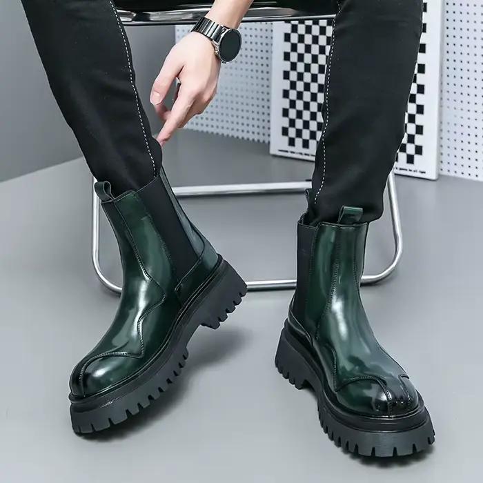 Bottes Chelsea en cuir verni vert foncé pour hommes, panneaux latéraux élastiques, semelle épaisse p