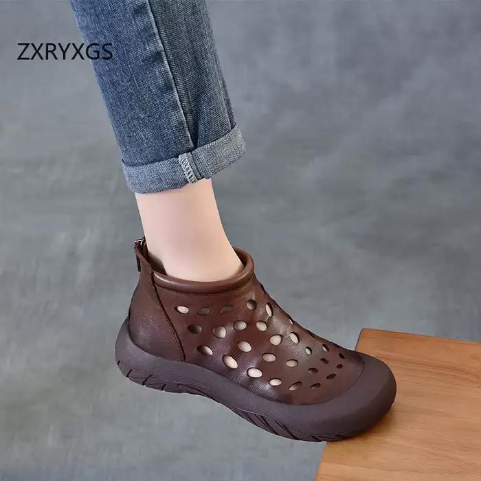 ZXRYXGS Premium bottes creuses en cuir véritable sandales respirantes 2025 Style rétro bottes d'été 