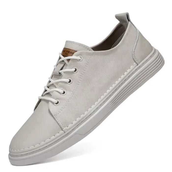 Chaussures d'été respirantes en cuir véritable pour hommes, chaussures de Jogging décontractées blan