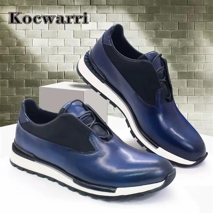 Chaussures en cuir véritable faites à la main pour hommes, baskets confortables, lisses, décontracté