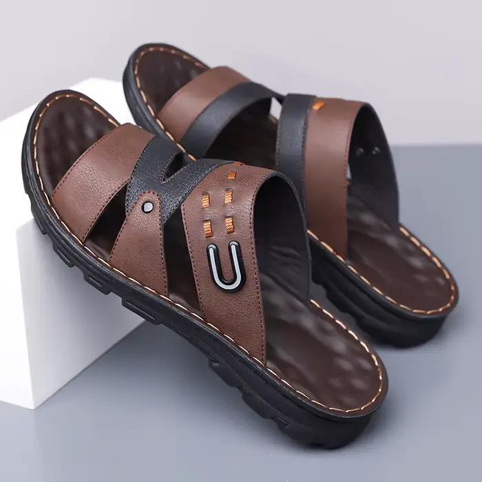 Sandales décontractées en cuir pour hommes, nouvelle collection été 2025, à enfiler, semelle souple,