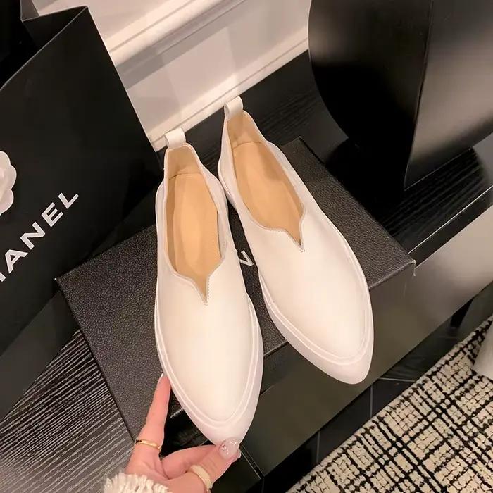 Chaussures plates confortables en cuir véritable de haute qualité, blanches, pointues, légères, pour