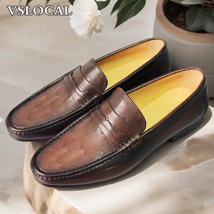 Mocassins de luxe marron pour hommes, chaussures décontractées à enfiler, mocassins imprimés en cuir