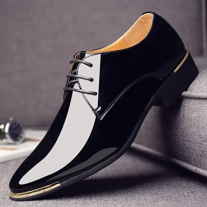Chaussures en cuir verni pour hommes, chaussures habillées de Style britannique à lacets, bout point