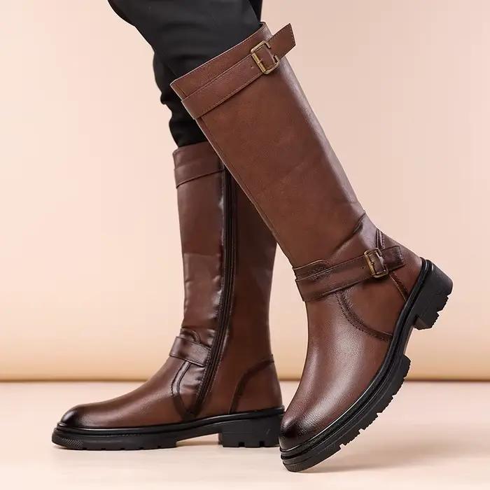 Bottes hautes britanniques en cuir noir pour hommes, bottes de moto de styliste, bottes de travail d