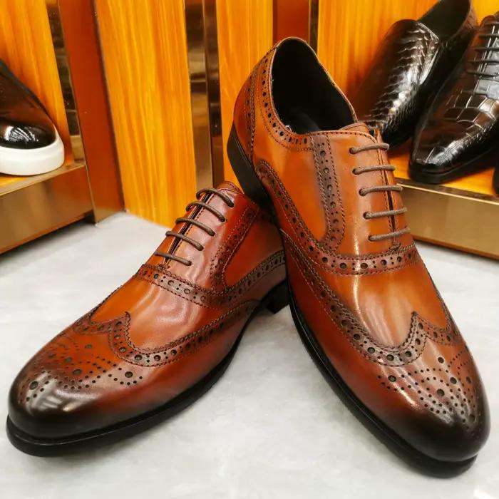 Chaussures habillées de luxe pour hommes en cuir véritable richelieu bout d'aile Oxford noir marron 