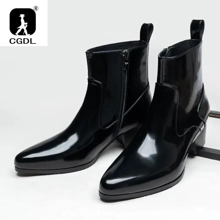Bottes à plateforme en cuir verni pour hommes avec talons, chaussures chaudes d'hiver de luxe en cui