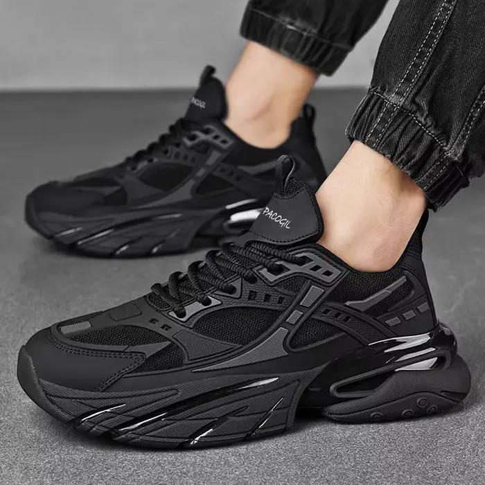 Chaussures de sport noires pour hommes, décontractées, à semelle épaisse, polyvalentes, respirantes,
