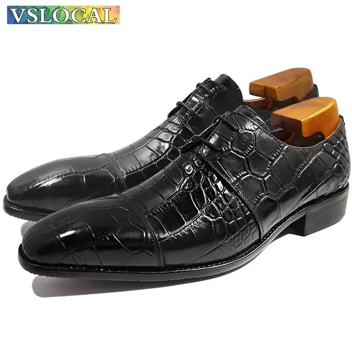 Hommes italiens chaussures en cuir véritable noir bleu Crocodile imprime à lacets décontracté hommes