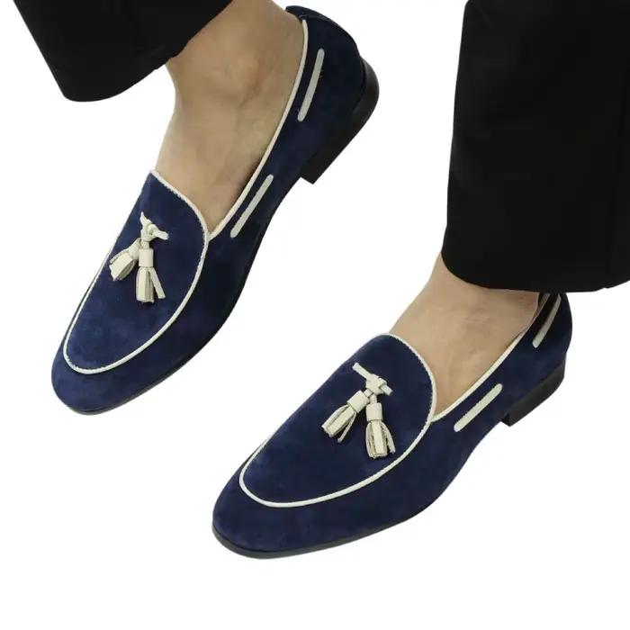 Mocassins Penny Blue pour Hommes – Chaussures Décontractées d'Été à Pompom, Style Quotidien et de Bureau, en Daim de Vache de Haute Qualité, Personnalisables