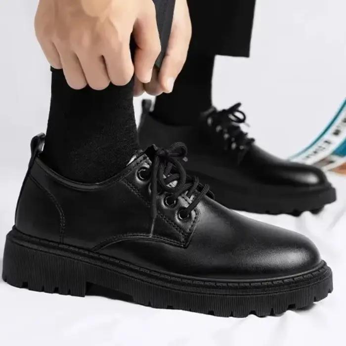 Petites chaussures décontractées en cuir noir pur à lacets pour hommes, style Business, à talons bas, confortables et durables