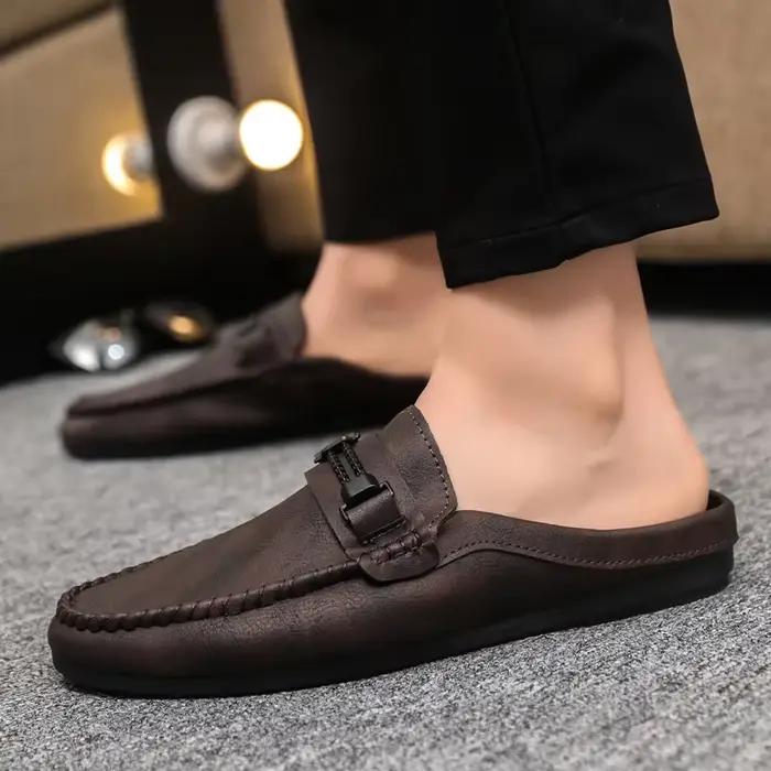 Hommes demi pantoufles été en cuir respirant hommes chaussures décontractées sans lacet paresseux conduite chaussures confortable marche mocassins