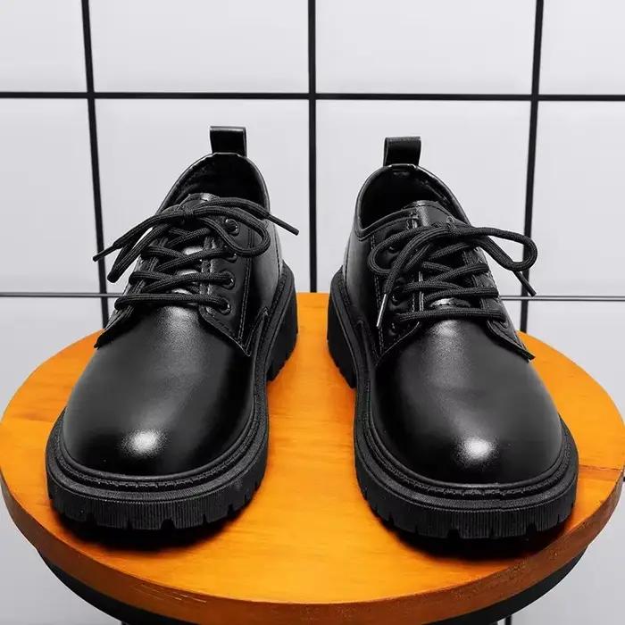 Petites chaussures décontractées en cuir noir pur à lacets pour hommes, style Business, à talons bas, confortables et durables