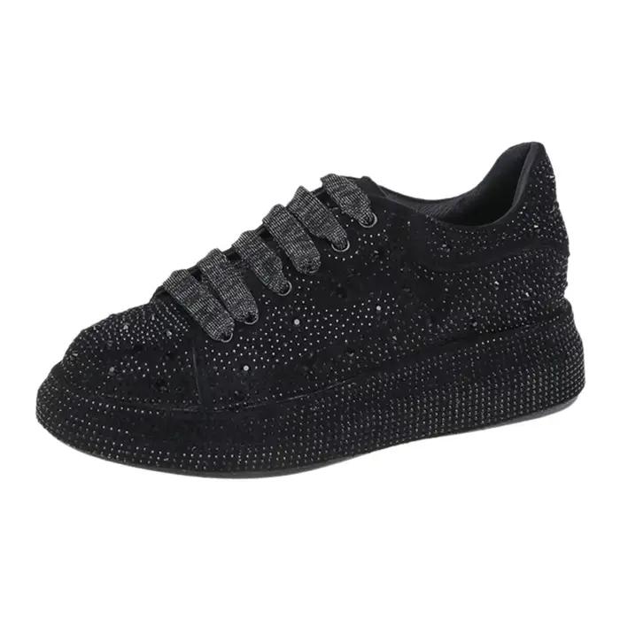 Chaussures de sport décontractées, Nouveauté de la saison, Vente flash : Chaussures compensées pour femme à semelle épaisse ornée de diamants, à lacets, bout rond, semelle extérieure en caoutchouc, am
