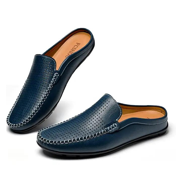 Chaussures décontractées en cuir véritable Realheren pour hommes demi-chaussures d'été mules perforées à enfiler noir et beige ocasions décontractées