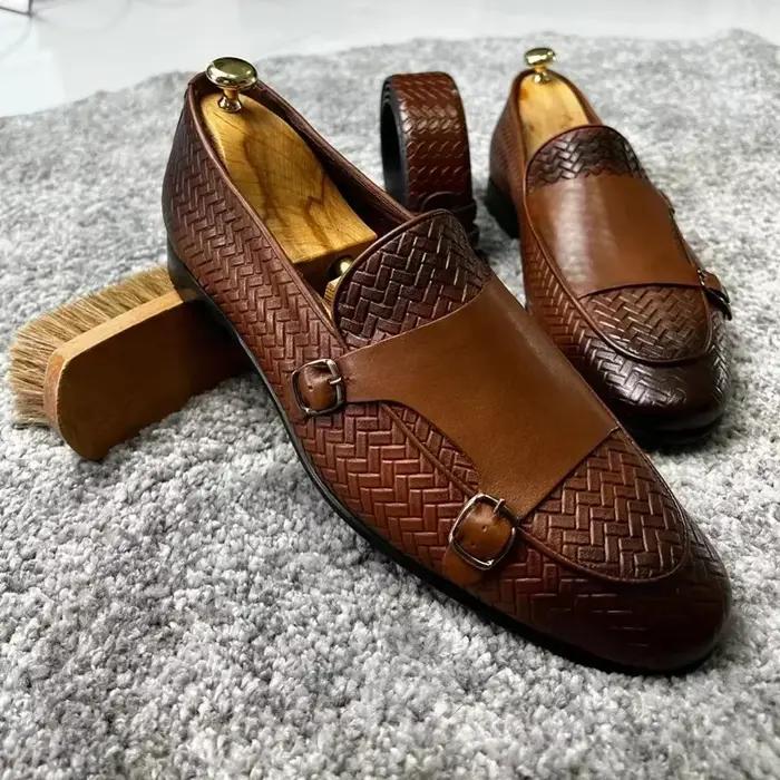Hommes mocassins chaussures marron noir Pu respirant Double boucle moine