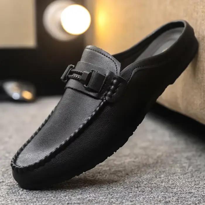 Hommes demi pantoufles été en cuir respirant hommes chaussures décontractées sans lacet paresseux conduite chaussures confortable marche mocassins