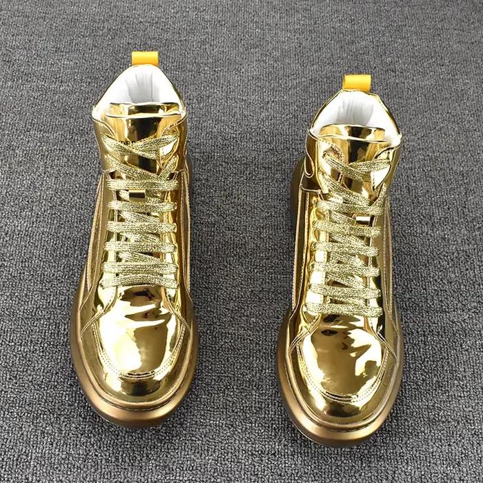 2025 chaussures de sport montantes pour hommes mode cuir brillant or argent luxe Skateboard bottes souples légères Sneaker de haute qualité