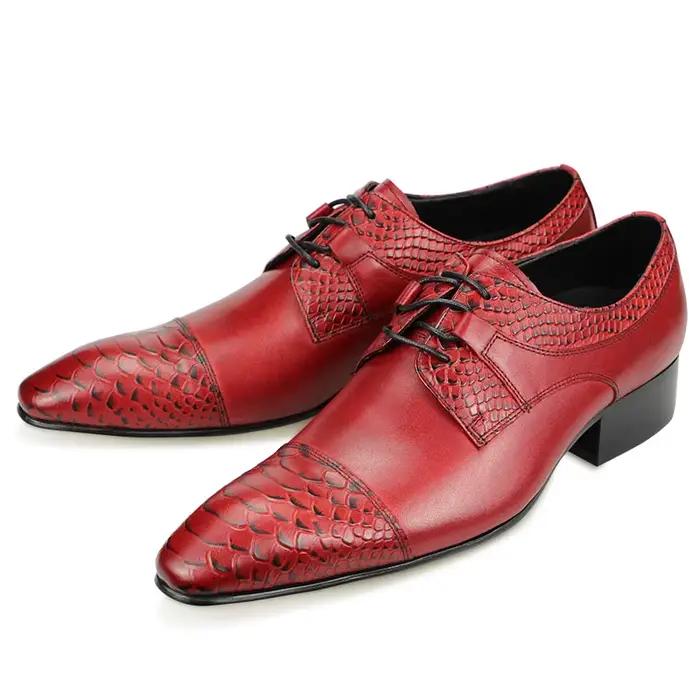 Chaussures Derby à bout pointu en cuir véritable pour hommes, rouge, élégantes et confortables pour les mariages et les événements professionnels
