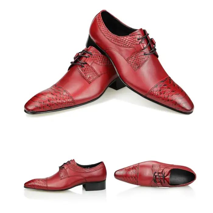 Chaussures Derby à bout pointu en cuir véritable pour hommes, rouge, élégantes et confortables pour les mariages et les événements professionnels