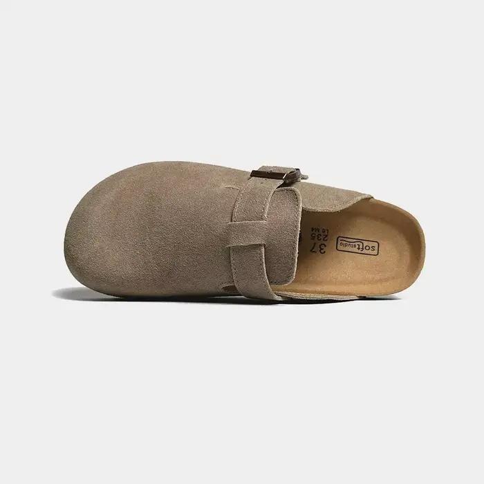 Mules Boston en daim avec semelle en liège pour femmes et hommes, chaussures zuecos confortables et soutien de la voûte plantaire pour diverses occasions