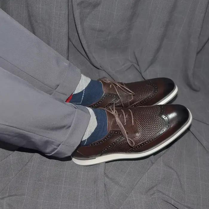XEBOS chaussures Derby décontractées en cuir véritable pour hommes 3 œillets à lacets pointe d'aile Brogue tissage