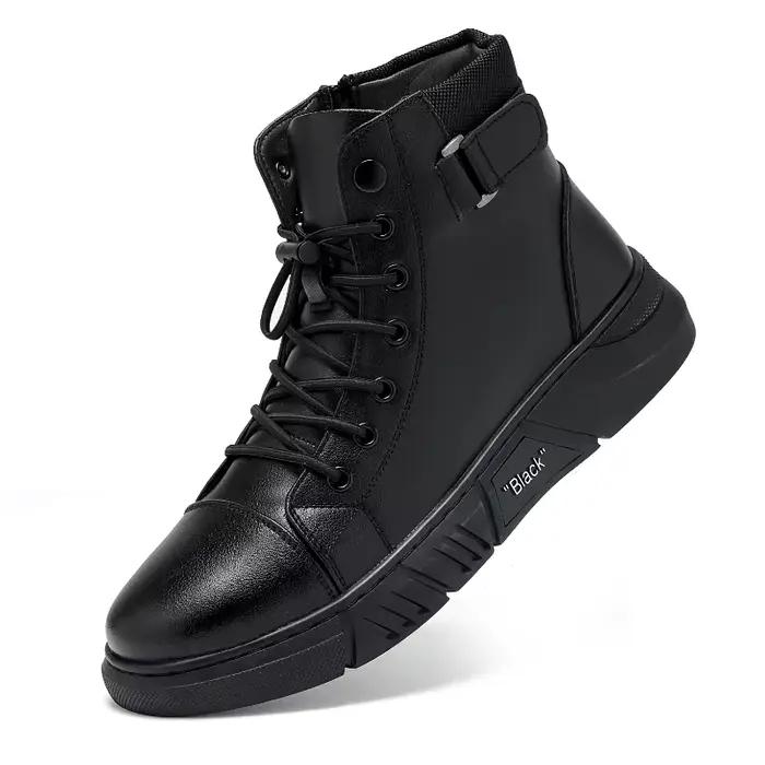 Bottes de rinçage en cuir noir pour hommes style britannique printemps automne confort plat forme de bout rond occassions extérieures et travail