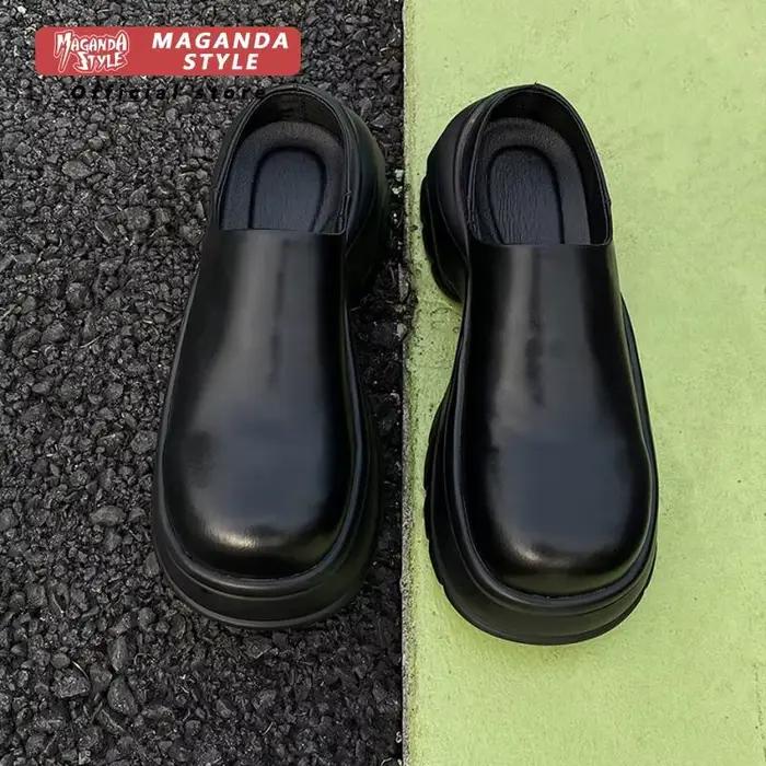 Pantoufles en cuir de pain pour hommes avec une augmentation de hauteur de 6 cm petite stature sans talons mules en noir simple et décontracté