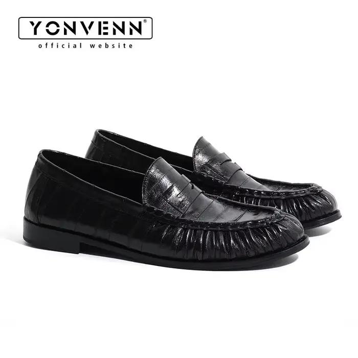 Mocassins en peau de anguille plissée et cuir de vachette pour homme, mocassins habillés à enfiler, élégants pour le travail décontracté et les trajets quotidiens