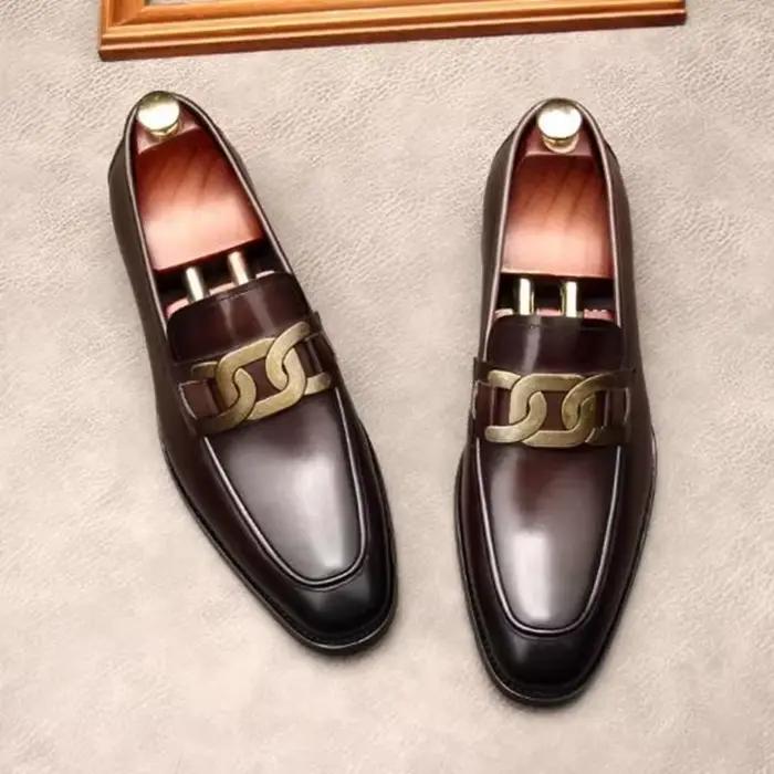 Chaussures en cuir de haute qualité avec boucle métallique pour hommes, chaussures de ville en cuir véritable de luxe, chaussures de mariage pour marié