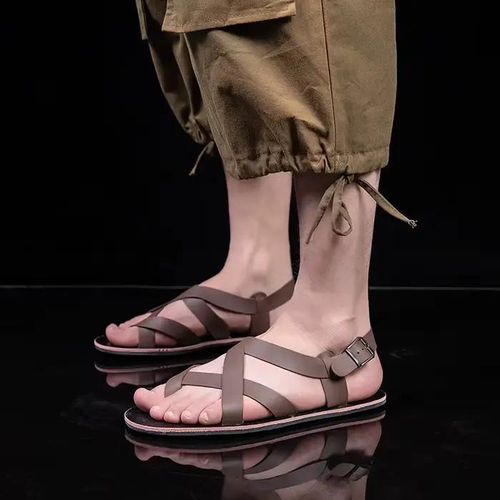 Été hommes mode Rome en cuir véritable sandales ceinture conception bout ouvert sandales homme Simple chaussures plates décontractées respirant Sandalias