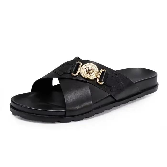 Pantoufles polyvalentes pour hommes cuir véritable semelle en caoutchouc sangles croisées chaussures de plage décontractées pour l'été occasions spéciales