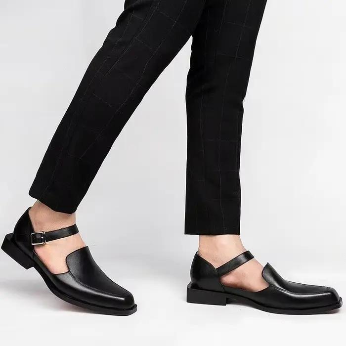 Sandales d'Été Noires en Cuir PU pour Homme, Chaussures Formelles d'Affaires, Nouvelle Collection