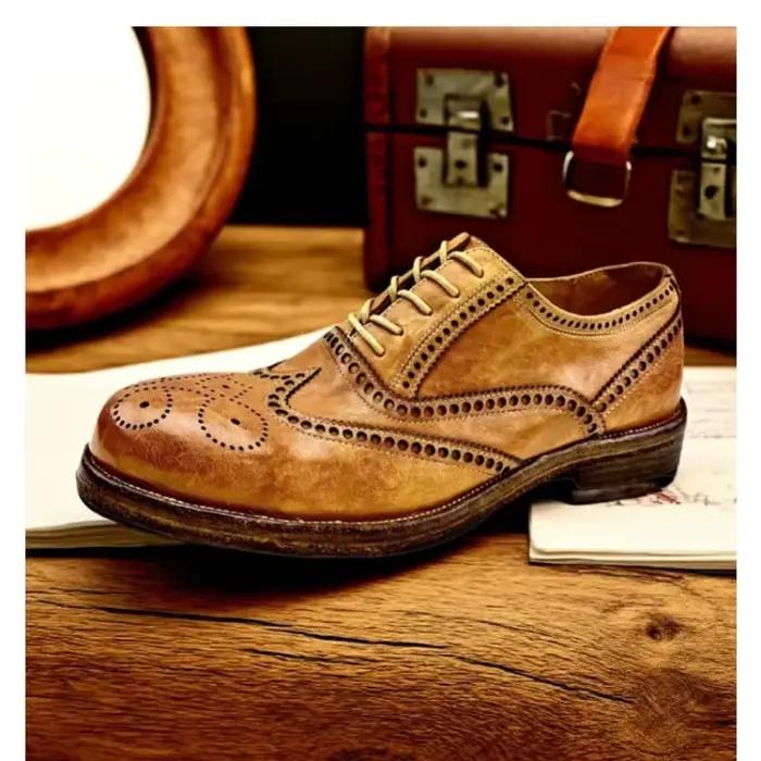Chaussures pour hommes faites à la main à semelles épaisses en cuir véritable peau de cheval décontracté richelieu