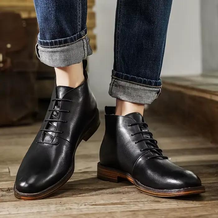 Bottines rétro pour hommes, chaussures en cuir véritable de haute qualité, élégantes à lacets, pour le bureau et les affaires