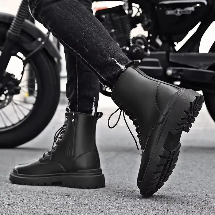 Bottes en cuir décontractées noires homme style britannique confort cheville plat semelle caoutchouc EVA occassions printemps automne moto balade