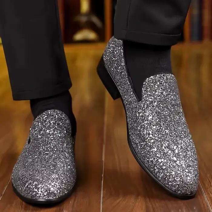 Hommes chaussures de fête formelles mocassins de luxe or argent paillettes chaussure de mariage sans lacet pour partie et occasions spéciales